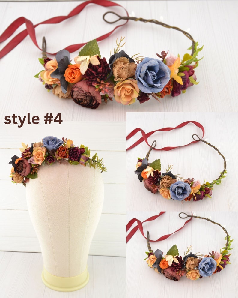 Flower crown flower headpiece orange flower hair piece wedding floral crown flower girls burgundy orange blue plum image 4