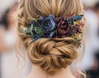 Burgundy Navy hair piece with flowers Winter wedding headpiece Bridal flower hair comb Burgandy Blue Marsala Maroon