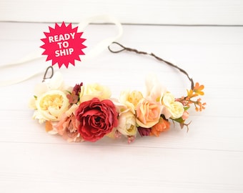 Flower crown fall - flower headband women - flower crown girls - fall wedding - orange peach ivory red