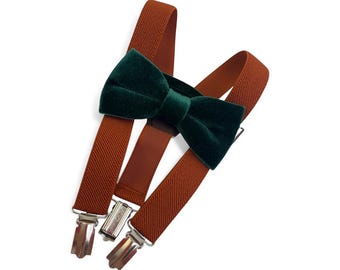 Emerald necktie rust suspenders Boho Wedding Dark green Bowtie for Boys Self tie bow tie for Man Adult Suspenders Velvet Bowties
