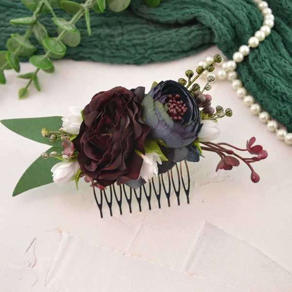 Navy burgundy flower hair comb Bridal Flower headpiece bridal floral headpieces for women floral hair comb wedding