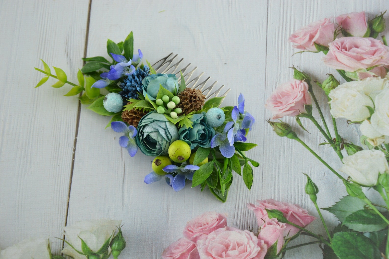 Flower Comb Blue Floral Hair Comb Flower Hair Piece for Girl Etsy