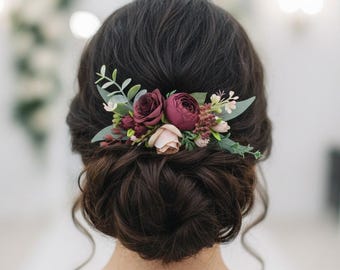 Wedding headpiece bridal Burgundy Dusty rose Flower hair comb Bridesmaids hair accessories Bride hairpiece Boho wedding comb