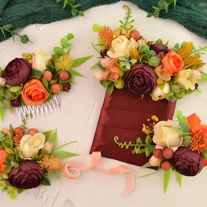 Burgundy Orange Flower Boutonniere & Corsage Set Wedding Pocket boutonniere Floral hair comb Hot Orange Hand wrist corsage for prom