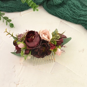 Flower hair comb with burgundy and dusty pink flowers Wedding hair piece burgandy blush Floral headpiece Bridal Boho flower comb for women