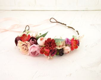 Burgundy Blush Flower Crown Bridal Floral Headband Pink Red Floral Halo for Women Flower Hair Piece Bride Bridesmaids Girls Kids