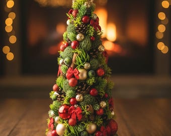 May include: A tabletop Christmas tree decoration featuring green pine needles, pinecones, red berries, small gold ornaments, and red fabric bows. The tree is topped with a woven star ornament and has a dense, conical shape with varied textures.