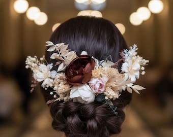 Rustic hair vine Coffee Beige Boho flower accessories Bridal headpiece with flowers Peony floral hair piece for Bride Fall wedding