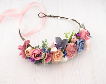 Pink Blue flower crown wedding flower hairpiece women Bridal floral hair crown girl wedding headpiece bride headband floral head piece adult