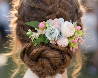 Blush Pink Flower Hair Comb Bridal Wedding Hairpiece Light Blue Hand Wrist Corsage Peony Prom Pocket Boutonniere for Groom