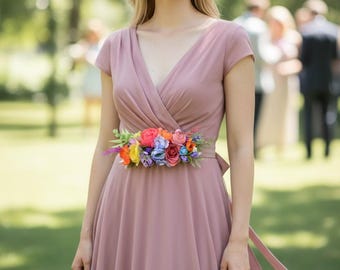 Rainbow Flower Belt Bridal Floral Sash Baby Shower Belt Flower Girl Sash Maternity fower Belt Colorful