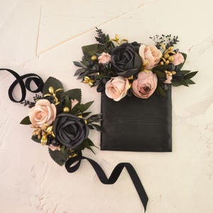 Flower boutonniere and corsage set floral accessories Bridesmaid corsage Groomsmen boutonniere  Wedding wrist corsage Black Gold Blush pink
