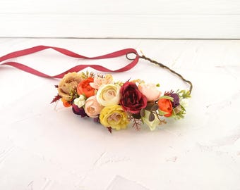 Red orange flower crown Women Floral hair piece Flower Headband Floral Halo girl Wedding hair wreath Boho wedding Hair Crown woman kids