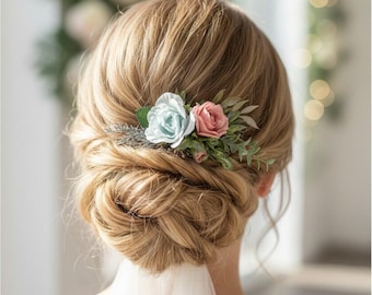 Dusty rose Light blue wedding headpiece for bride Small hair clip headpiece bridal hair accessories comb bridesmaid flower hair piece