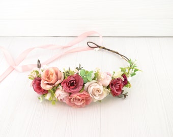 Flower headband girls - flower crown wedding - flower hair piece boho - pink