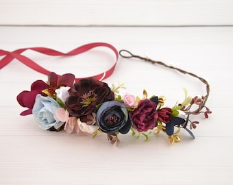 Navy wedding hair piece burgundy blue pink Flower hair wreath for women Flower head piece burgandy gold wedding hair crown girl Flower crown