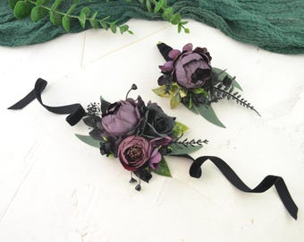 Prom Corsage boutonniere set wrist corsage graduation corsage bracelet plum black deep purple boutonniere for men suit lapel pin flower pin