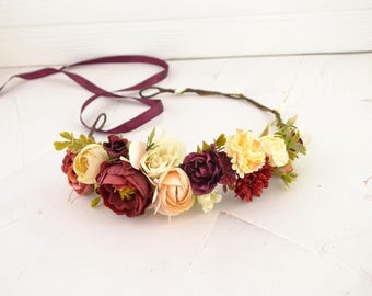 Burgundy wedding hair accessories maroon flower crown flower headband bridesmaids floral crown girls red peach ivory