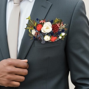 Pocket boutonniere Navy blue Red White Flower Boutonniere for Groom Flowers for Bestman Thistle buttonhole Rustic Buttonhole with rose
