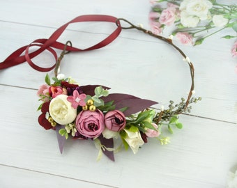 Flower crown women Wedding flower headpiece Flower hair piece Bridal Boho hair crown Bridesmaids flower headband Pink Blush Burgundy Ivory