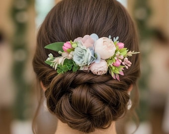 Blush Pink Flower Hair Comb Bridal Wedding Hairpiece with Light Blue Accents Floral Prom Corsage Pocket Boutonniere for Prom