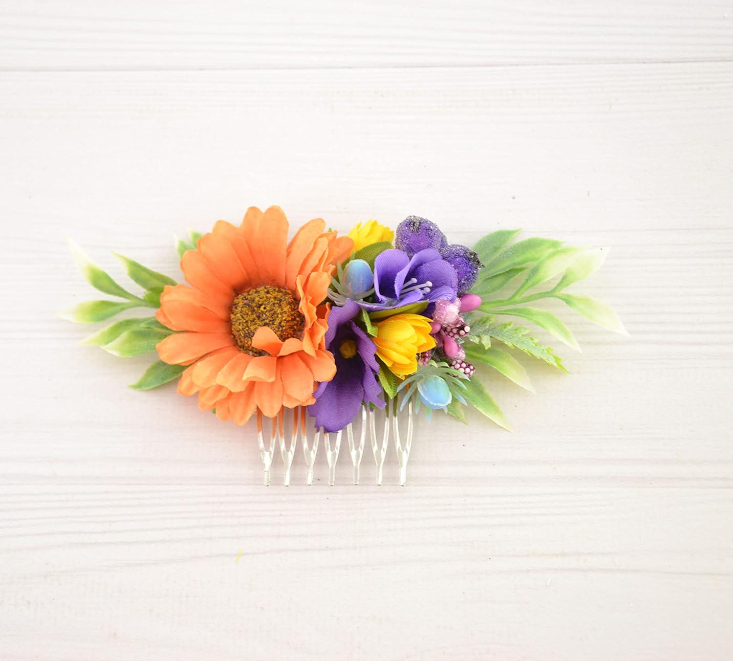 Hair accessory set, green and orange flower ornaments