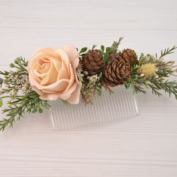 Wedding hair comb - winter wedding headpiece - flower comb bridal- peach