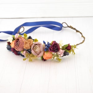 Flower headband wedding flower hair piece bridal flower crown women beige navy orange Bridal flower crown Boho wedding crown Rustic wreath