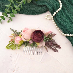 Flower comb wedding flower headpiece bridal flower hair comb women blush pink burgundy image 2