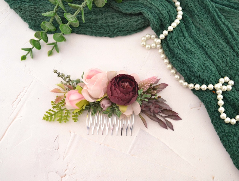 Flower comb wedding flower headpiece bridal flower hair comb women blush pink burgundy image 2