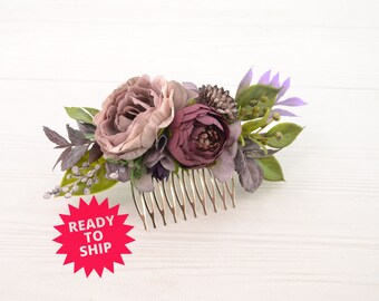 Purple Flower headpiece Wedding Floral head piece Plum Flower hair comb bridal hair accessories for women Flower girls hair comb Bridesmaids