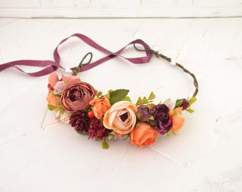 Flower crown adult Floral Hair piece Burgundy Wedding Headband for Women Flower Headpiece