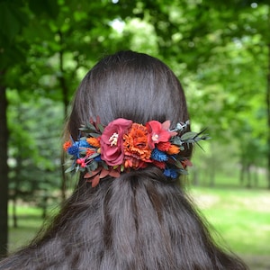 Burgundy rust floral hair piece Blue thistle hair accessories bridal headpiece with flowers Burgandy hair comb Wedding hairpiece for Bride