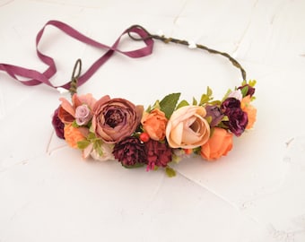 Flower crown wedding floral headpiece bridal boho hair piece bride Flower crown burgundy Flower Headband fall Flower hair wreath orange red