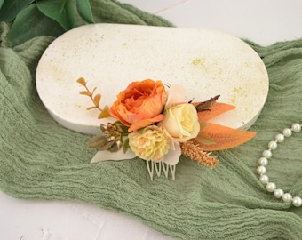 Flower hair piece mini Fall wedding hair comb with flowers orange ivory peach Flower headpiece bridal Small hair clip