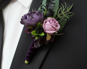 Flower boutonniere purple plum wedding boutonniere for groom groomsmen boutonniere deep purple boutonniere for bestman Boho boutonniere