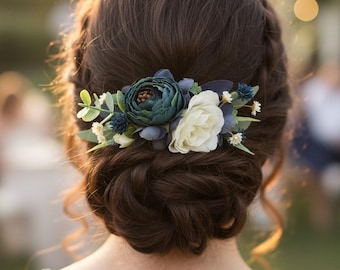 Teal Ivory flower hair comb wedding headpiece for women Small floral headpiece bridal hair accessories peony bridesmaid flower hair piece