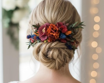 Flower hair piece for wedding Romantic bride Dried greenery Burgundy flower Blue thistle Fall season Boho style Women Bridemaids