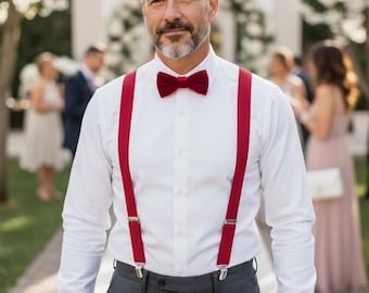 Red Velvet bowtie Suspenders for Boys Velvet Pocket Square Red Necktie 2.5" Ready to ship Bowtie for Men Prom Necktie for Men