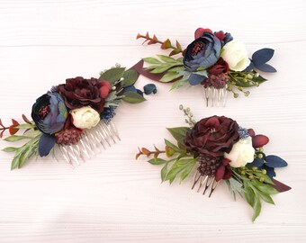 Flower comb burgundy navy ivory Flower hair piece Fall wedding headpiece Flower hair comb bride Deep wine blue peony boho rustic flower girl