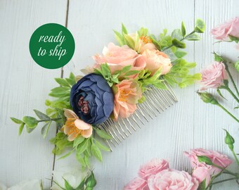 Floral hair piece Navy blue Peach floral headpiece Wedding hair accessories Bride flower comb Peach hair flowers Rustic headpiece Bridal