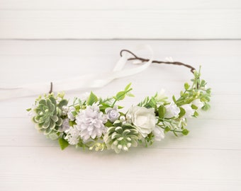 Flower crown succulent, flower headband with succulent, floral hair piece, wedding headpiece white flower crown for girls