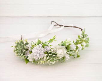 Flower crown with succulent Summer wedding White flower headband Flower girl accessories Rustic wedding