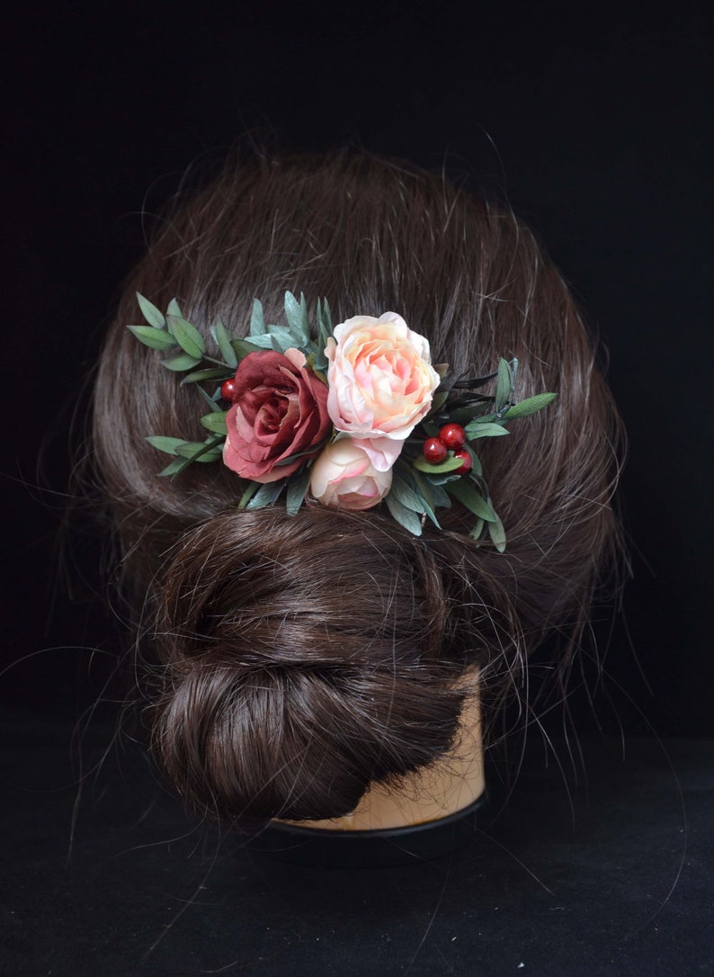 Flower hair comb Marsala Wedding Hair piece Floral comb for bride Flowers for hair Flower hair accessories for girls women Party Boho style