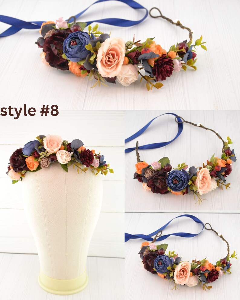 Flower crown flower headpiece orange flower hair piece wedding floral crown flower girls burgundy orange blue plum image 8