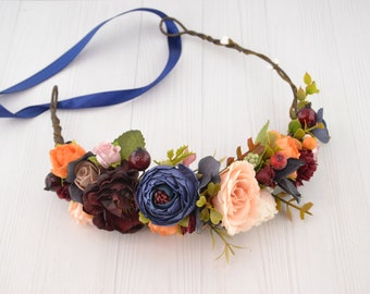 Flower headband adult, Floral crown navy, flower crown adult, floral crown for bride, flower headpiece, bridal crown, wedding flower hair,