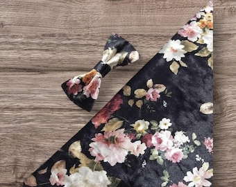 Floral bowtie black Wedding neck tie black suspenders set Selftied bow tie for boys Men Pocket Square Dark Wedding Ring bearer Bowtie Boho