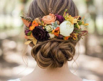 Burgundy Orange Flower Hair Comb Boho Bridal Hairpiece Bridal Headpiece Fall Wedding hair comb Rustic Burgandy Ivory Ready to ship