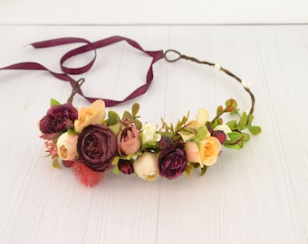 Flower crown burgundy Orange Flower headpiece bridal Floral hair piece wedding Flower girl Wedding hair flowers Bride floral crown Peony red