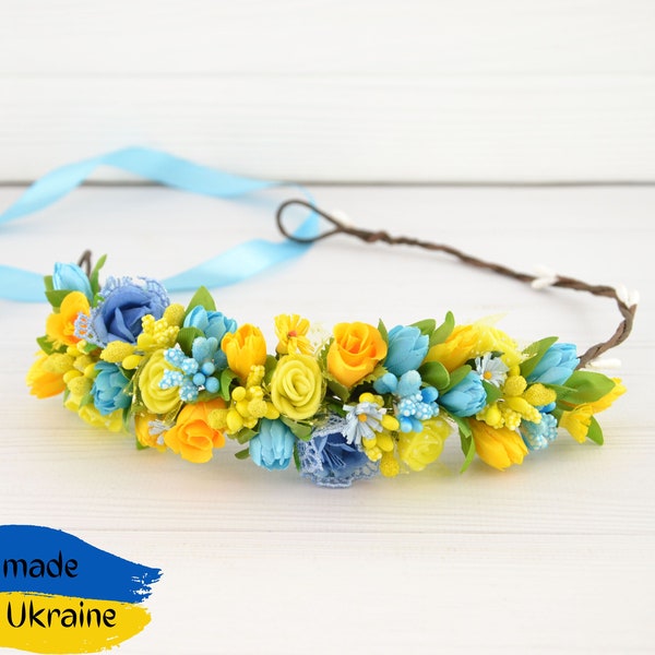 Ukrainian headband Flower hair crown yellow blue Flower headband girls Floral head wreath Made in UKRAINE Ukraine style hair wreath women